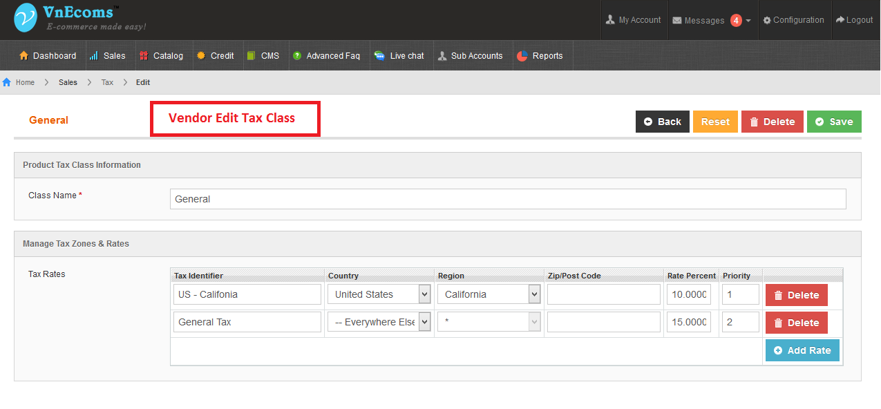 Vendor Edit Tax Class