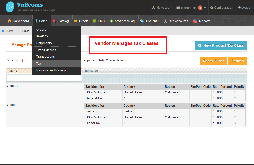 Vendor Manage Tax Classes