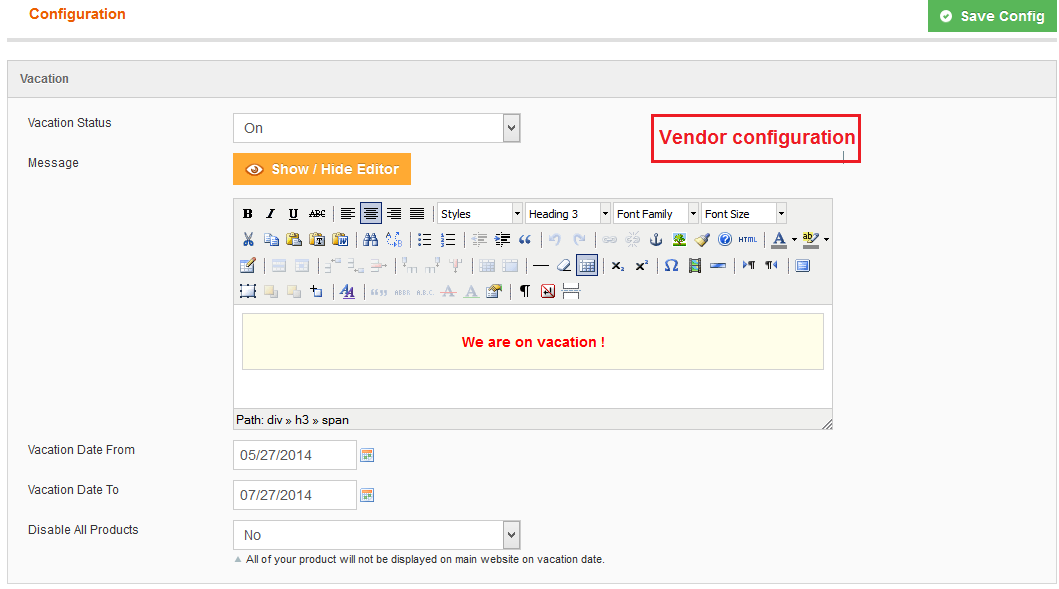 Vendor Vacation - Configuration