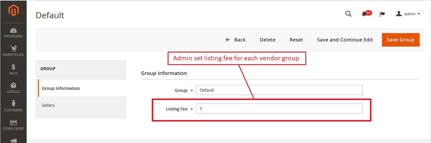 The admin can set listing fee amount for each vendor group