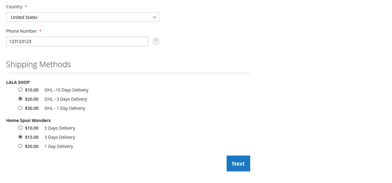 Customer select shipping methods from different vendors