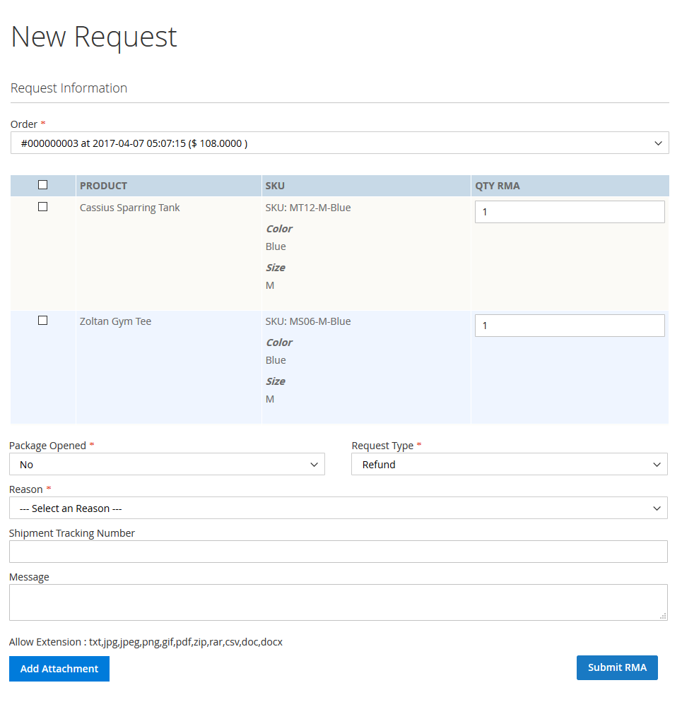 Request RMA creating form