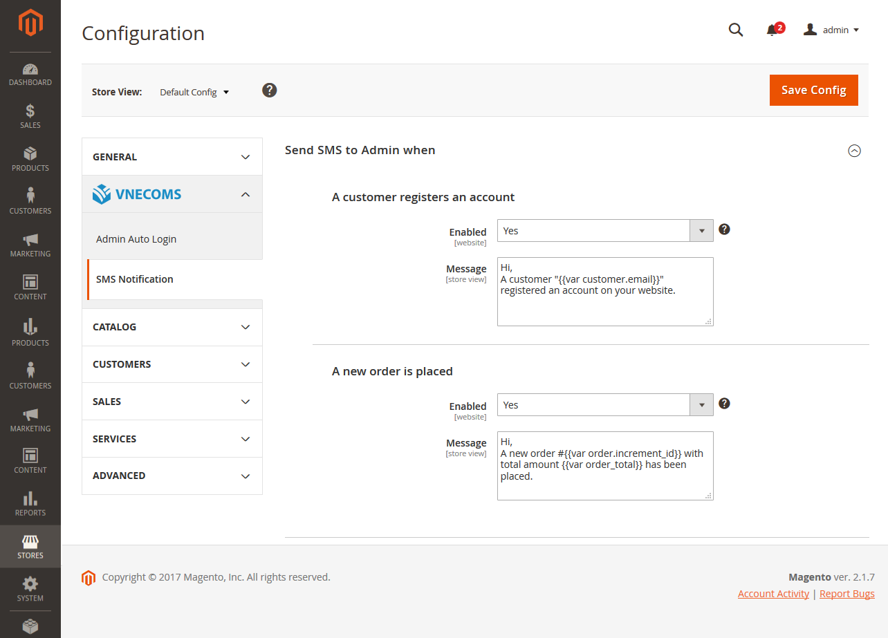 Events for sending SMS to admin